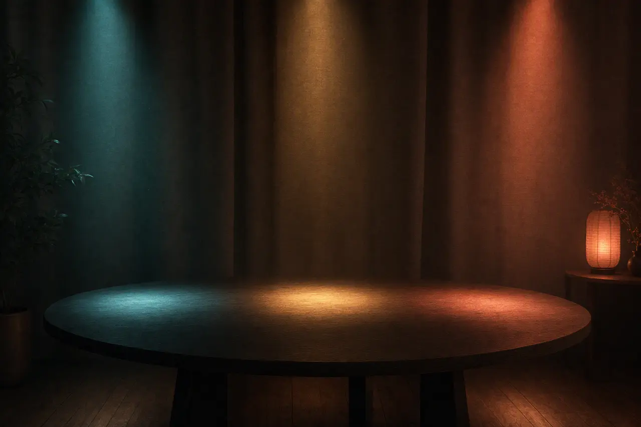 An empty round table lit by separate teal, amber, and coral pools of light